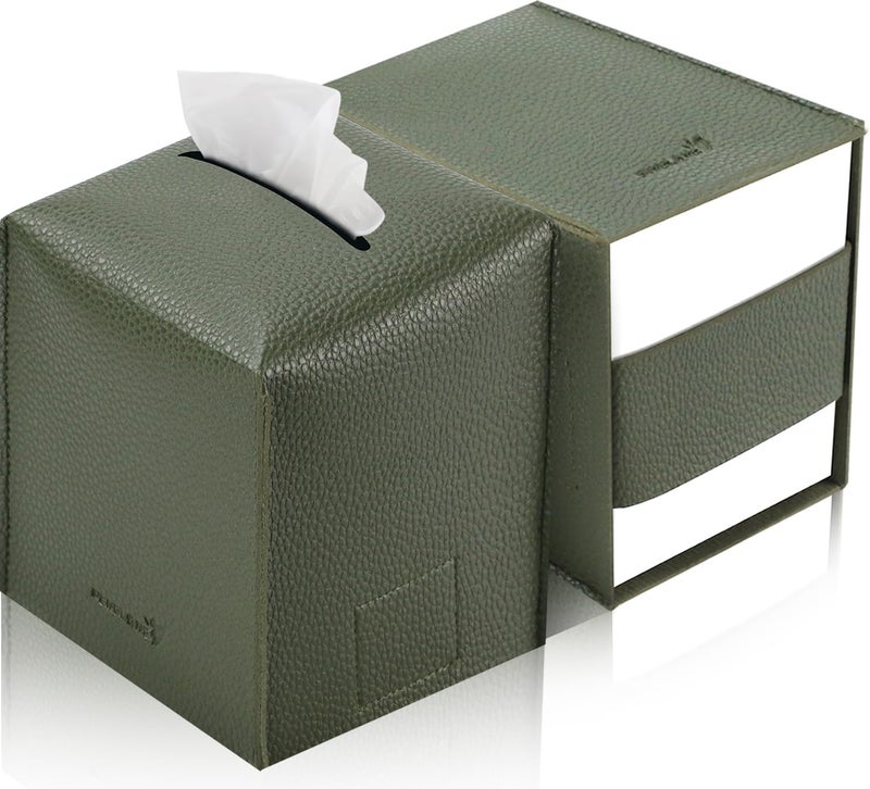 PENGLONG Tissue Box Cover 5X5X5'' PU Leather Tissue Holder Square Tissue Cube Box Organizer for Bathroom Vanity Countertop, Car, Night Stands, Office, Home, Kitchen (2Pack, Dark Green) - Image 1
